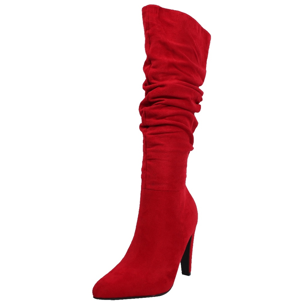 Red Faux Suede Slouchy Knee High Stiletto Boot - Picture 2 of 6